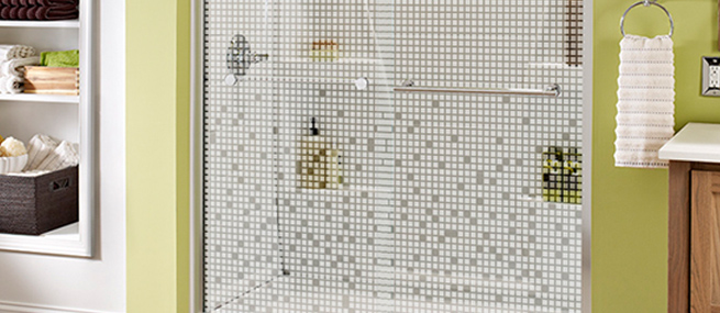 patterned privacy glass shower doors with opaque, frosted & textured designs